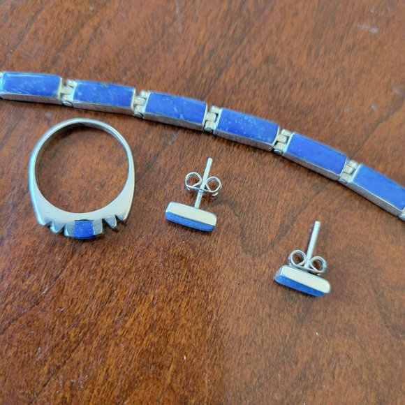 Vtg Morita Gil Sterling Silver Lapis Bracelet in Box and unmarked Earrings/Ring - Picture 6 of 11